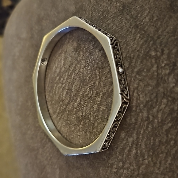BRIGHTON Silver Plated Scroll Deco Lace Crystal Octagon Bangle Bracelet - Picture 2 of 6